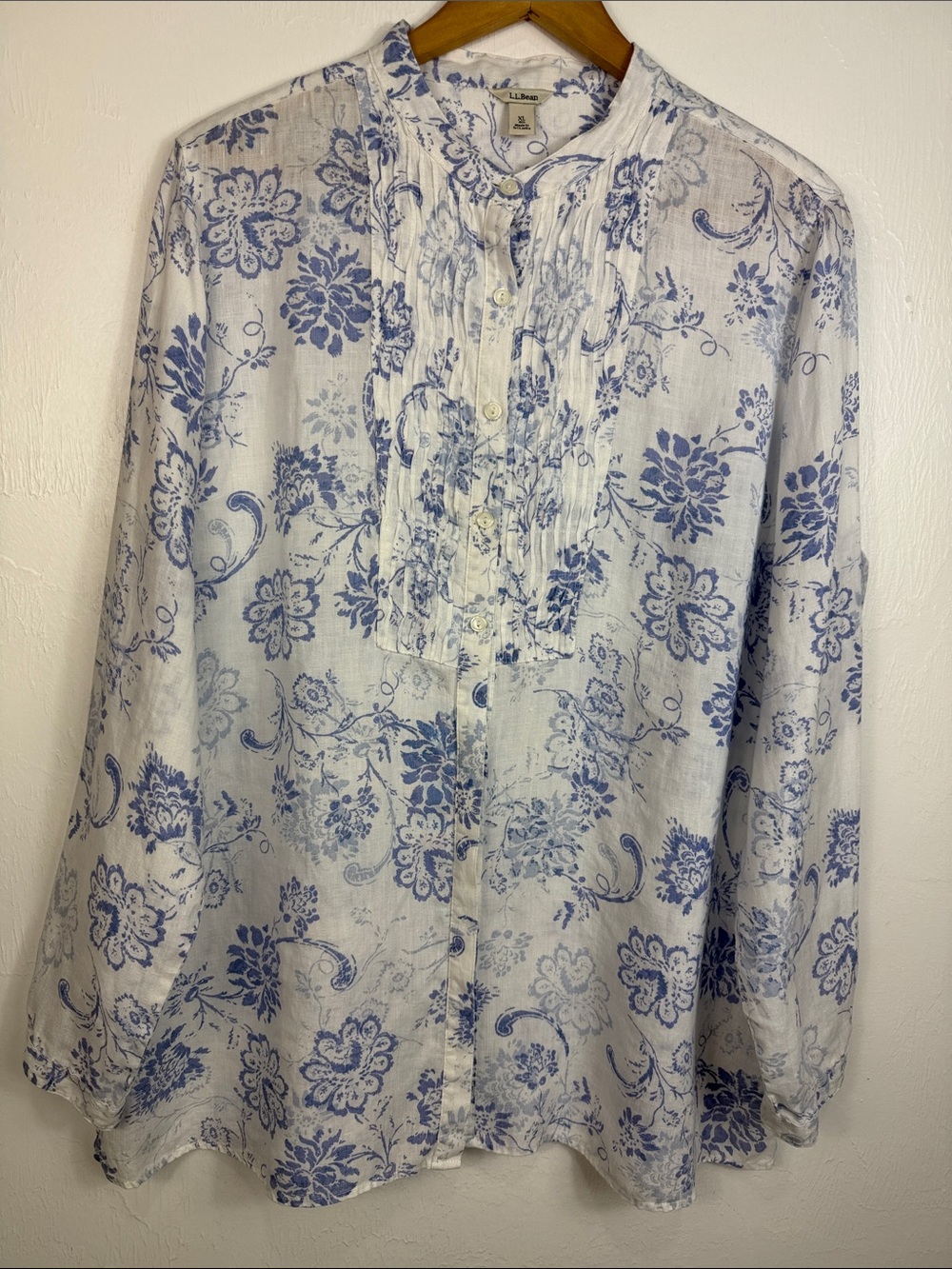 L.L.Bean 100% Linen Floral Button Front Blouse Blue White XL Mandarin Collar - Picture 2 of 12